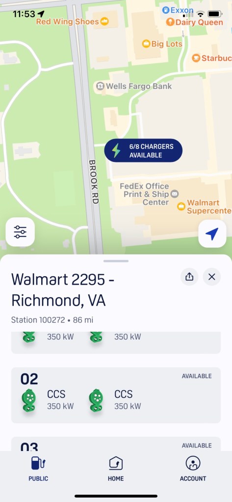 The view shows the charge site selected and the list of chargers has appeared but none has been selected.