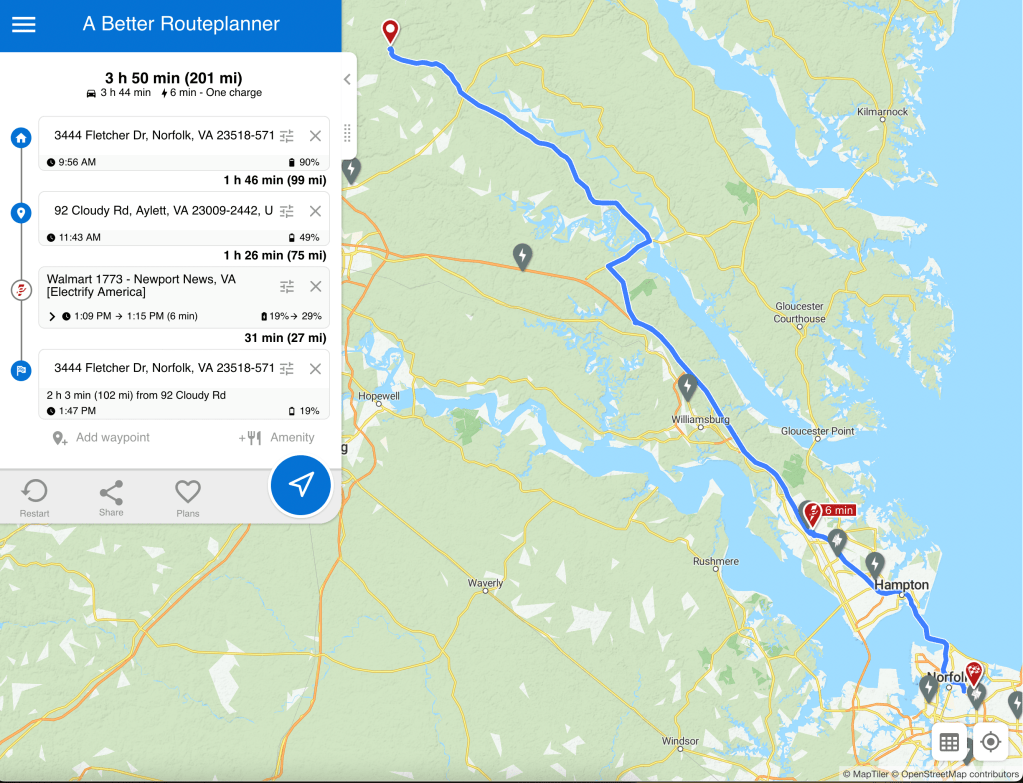 A Better Route Planner voyage planning map and way point list. The route appears in blue on the map. The way points appear in the inset table.  The planner automatically added the charging stops and charging specifications for each stop. 