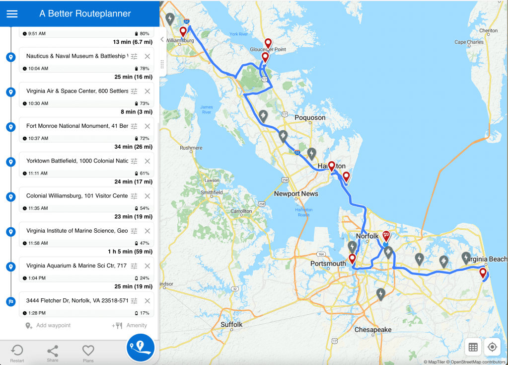 A Better Route Planner on iMac showing the route for a day trip being built. Initial charge is 40%, we travel to a slew of attractions in the area. When we run the planner, ABRP will add a charging stop.
