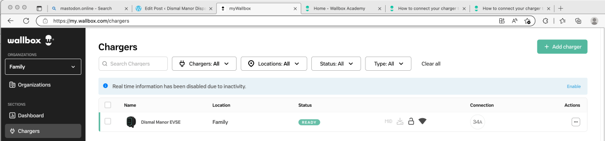 Charger's web page showing status of our EVSE as forwarded to WallBox over the Internet