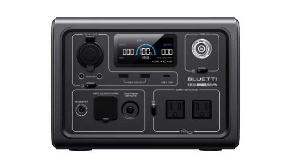 Photo of the front panel showing the mains connector, load connectors, and status indication.
